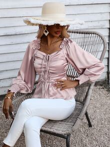 SHEIN Unity Ruched Bust Frill Trim Lantern Sleeve Drawstring Front Peplum Blouse - Pink - View 6