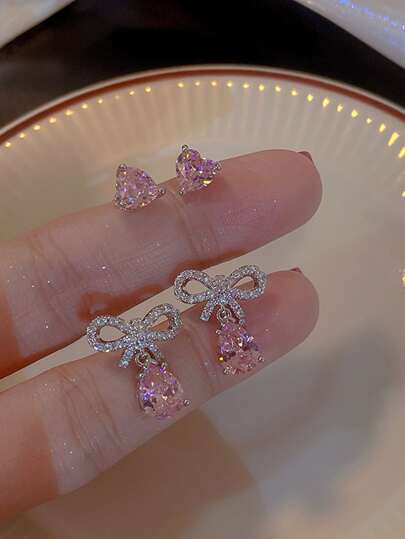 Andkiss 4 件/套方晶锆石蝴蝶结和心形装饰耳环情人节、妈妈、母亲、母亲节、礼物