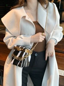 迷你斑馬紋圖案鏈條盒型包 - 黑與白 - 查看 2