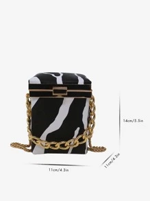 迷你斑馬紋圖案鏈條盒型包 - 黑與白 - 查看 4