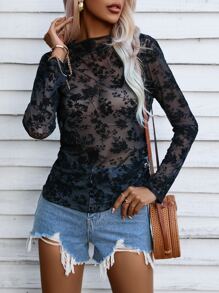SHEIN Essnce Floral Print Sheer Top - Black - View 1