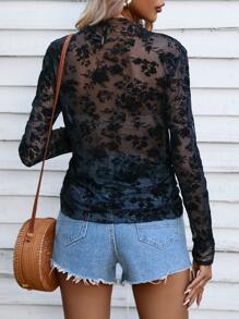 SHEIN Essnce Floral Print Sheer Top - Black - View 2