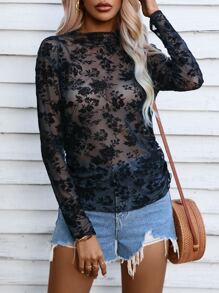 SHEIN Essnce Floral Print Sheer Top - Black - View 5