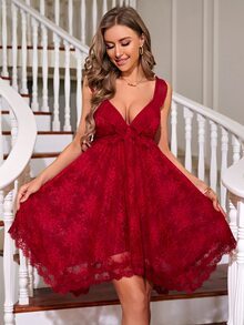 Ruffle Trim Lace Overlay Dress - Burgundy - View 3