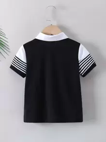 SHEIN 小男孩黑白條紋休閒 Polo 衫，常規袖子和領子，非常適合夏天 - 黑與白 - 查看 2