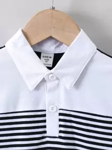 SHEIN 小男孩黑白條紋休閒 Polo 衫，常規袖子和領子，非常適合夏天 - 黑與白 - 查看 4