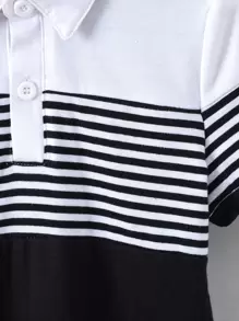 SHEIN 小男孩黑白條紋休閒 Polo 衫，常規袖子和領子，非常適合夏天 - 黑與白 - 查看 6