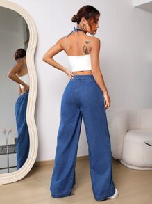 SHEIN EZwear Solid Wide Leg Denim Dungarees Without Cami Top - Medium Wash - View 2