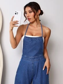 SHEIN EZwear Solid Wide Leg Denim Dungarees Without Cami Top - Medium Wash - View 4