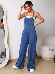 SHEIN EZwear Solid Wide Leg Denim Dungarees Without Cami Top - Medium Wash - View 5