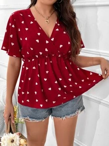 SHEIN LUNE Plus Heart Print Butterfly Sleeve Peplum Blouse - Burgundy - View 1