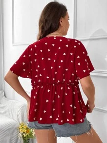 SHEIN LUNE Plus Heart Print Butterfly Sleeve Peplum Blouse - Burgundy - View 2