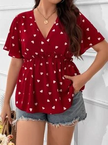 SHEIN LUNE Plus Heart Print Butterfly Sleeve Peplum Blouse - Burgundy - View 3