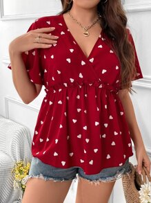 SHEIN LUNE Plus Heart Print Butterfly Sleeve Peplum Blouse - Burgundy - View 4