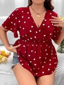 SHEIN LUNE Plus Heart Print Butterfly Sleeve Peplum Blouse - Burgundy - View 5