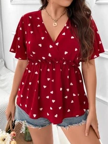 SHEIN LUNE Plus Heart Print Butterfly Sleeve Peplum Blouse - Burgundy - View 6