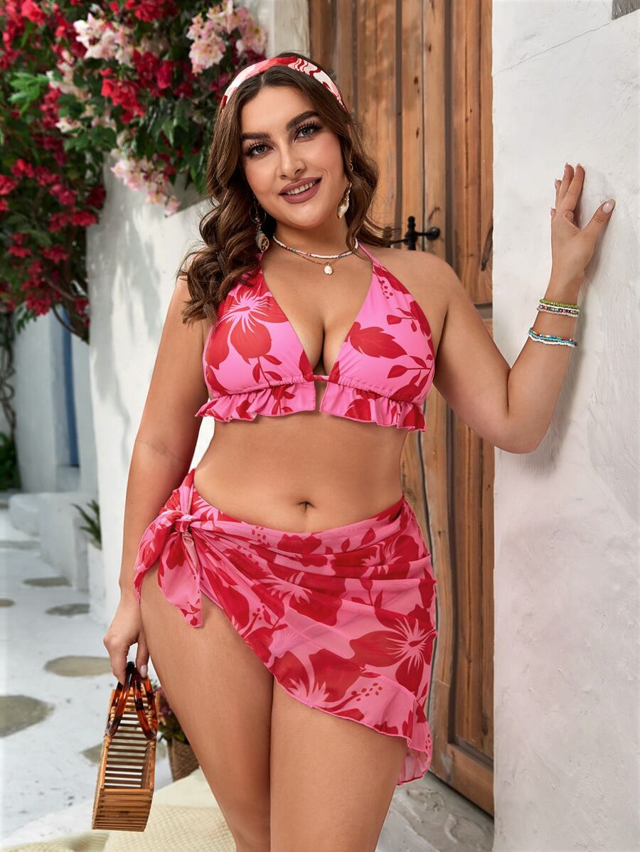SHEIN Swim Curve Plus Floral Print Bikini Set Ruffle Hem Halter Triangle Bra Top & High Waist Bikini Bottom & Skirt 3 Piece Swim Suit - Pink - View 1