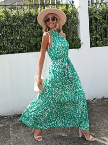 SHEIN VCAY Allover Print Belted Halter Dress - Green - View 1