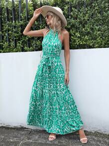 SHEIN VCAY Allover Print Belted Halter Dress - Green - View 3