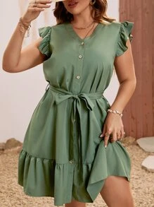 SHEIN Holidaya Vestido con cinturón de manga mariposa bajo con fruncido - Verde - Ver 1