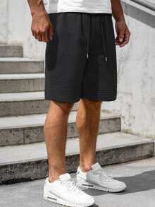 Manfinity 男士素色腰部抽繩短褲 - 黑色 - 查看 4