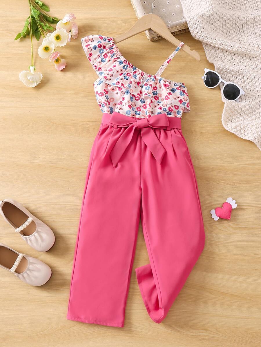SHEIN Young Girl Small Floral Print Sweet And Fresh Off Shoulder Two-piece Set For Summer Vacation - Multicolor - View 1