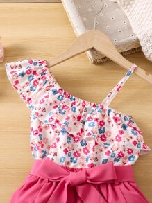 SHEIN Young Girl Small Floral Print Sweet And Fresh Off Shoulder Two-piece Set For Summer Vacation - Multicolor - View 5