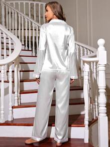 Contrast Piping Tie Front Satin PJ Set - White - View 2