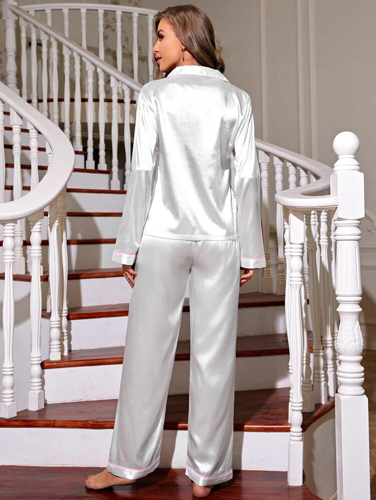 Contrast Piping Tie Front Satin PJ Set - White - View 2