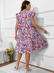 SHEIN Holidaya Plus Allover Floral Print Ruffle Hem Smock Dress - Multicolor - View 2
