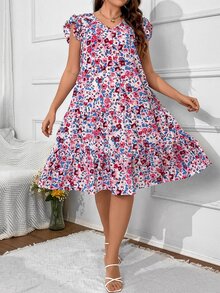 SHEIN Holidaya Plus Allover Floral Print Ruffle Hem Smock Dress - Multicolor - View 4