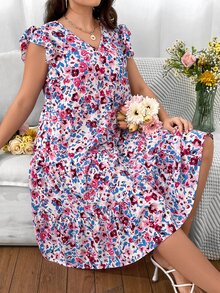 SHEIN Holidaya Plus Allover Floral Print Ruffle Hem Smock Dress - Multicolor - View 5