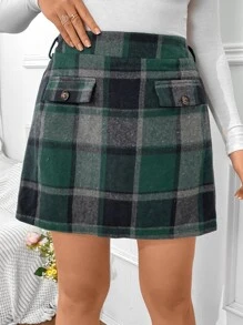 Calvaya Plus Plaid Print High Waist Skirt - Dark Green - View 1