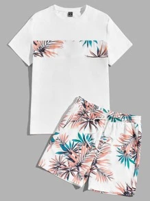 Manfinity BRENVOR Men Tropical Print Tee & Shorts Summer Outfit, Vacation, Cozy Outfits - White - View 1