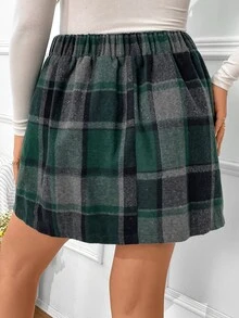Calvaya Plus Plaid Print High Waist Skirt - Dark Green - View 2