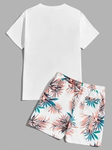Manfinity BRENVOR Men Tropical Print Tee & Shorts Summer Outfit, Vacation, Cozy Outfits - White - View 2