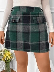 Calvaya Plus Plaid Print High Waist Skirt - Dark Green - View 6