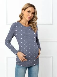 DEARCASE Maternity Polka Dot Slim Fit Tee - Dusty Blue - View 1