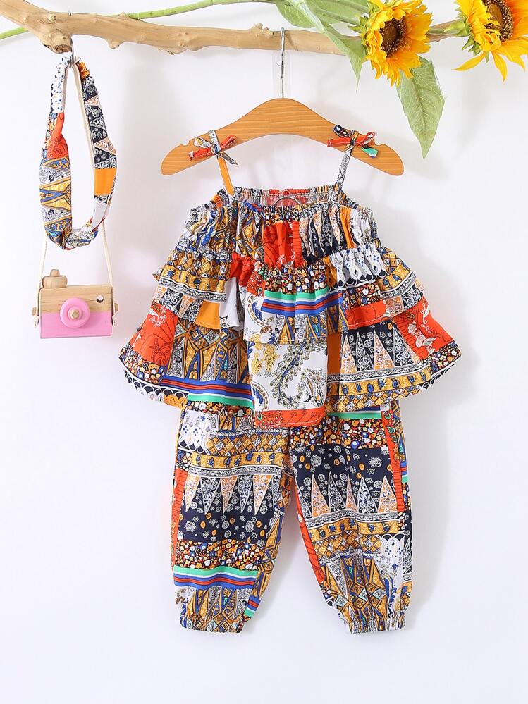 Bebé Top de tirantes con estampado floral ribete con fruncido con pantalones & Accesorio Diadema - Multicolor - Añade 1