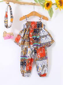 Bebé Top de tirantes con estampado floral ribete con fruncido con pantalones & Accesorio Diadema - Multicolor - Ver 2