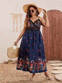 SHEIN Clasi 大碼印花水溶蕾絲拼接吊帶連衣裙 - 藏蓝色 - 查看 1