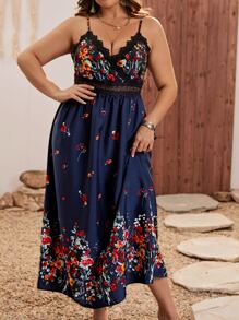 SHEIN Clasi 大碼印花水溶蕾絲拼接吊帶連衣裙 - 藏蓝色 - 查看 3