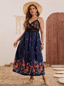 SHEIN Clasi 大碼印花水溶蕾絲拼接吊帶連衣裙 - 藏蓝色 - 查看 4