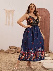 SHEIN Clasi 大碼印花水溶蕾絲拼接吊帶連衣裙 - 藏蓝色 - 查看 5