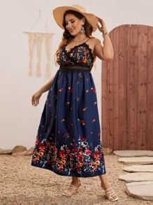 SHEIN Clasi 大碼印花水溶蕾絲拼接吊帶連衣裙 - 藏蓝色 - 查看 6