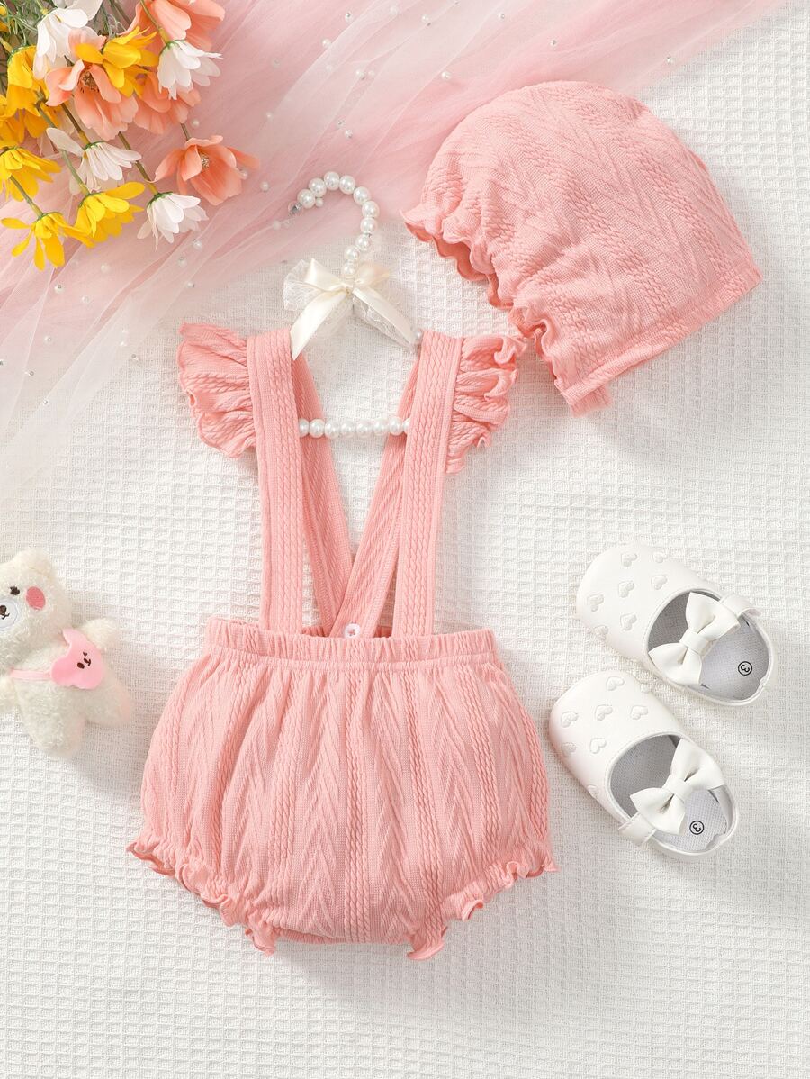 Bebé Shorts ribete con fruncido tirantes & Sombrero - Rosa Pálido - Ver 1