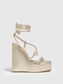 CUCCOO SZL Metallic Rhinestone & Heart Decor Tie Leg Design Strappy Wedge Sandals - Gold - View 5