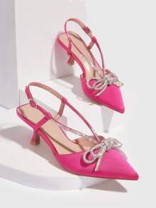 CUCCOO SZL Rhinestone & Bow Decor Point Toe Heeled Satin Slingback Pumps - Hot Pink - View 4