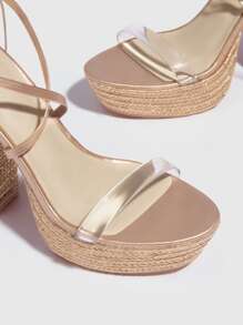 金屬質感腿部繫帶設計編織防水台粗跟綁帶涼鞋 - 香檳色 - 查看 4