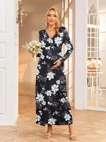 DEARCASE Maternity Floral Print Surplice Neck Dress - Multicolor - View 1